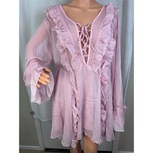 NEW Love by Design pink ruffle peasant mini semi sheer long sleeve mini dress 2X